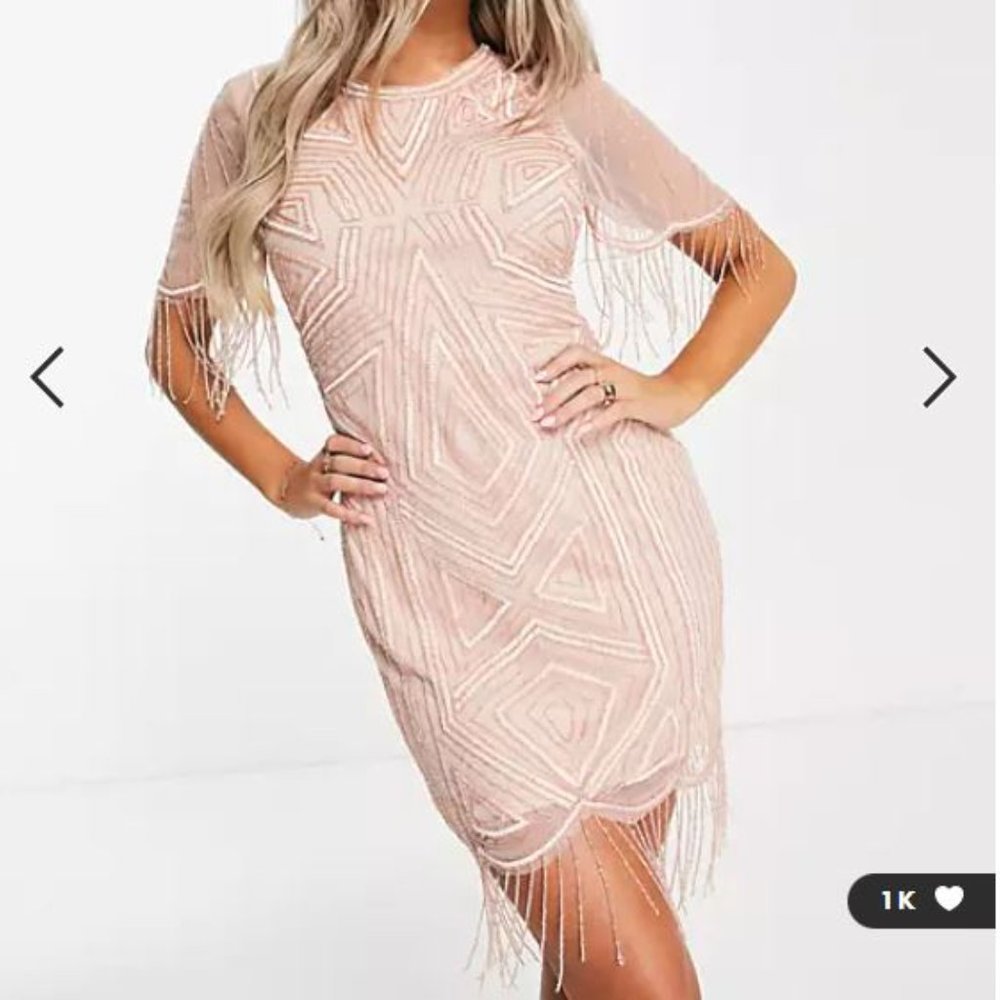 Starlet exclusive cap sleeve fringe sequin mini dress in blush ASOS  Size 16
